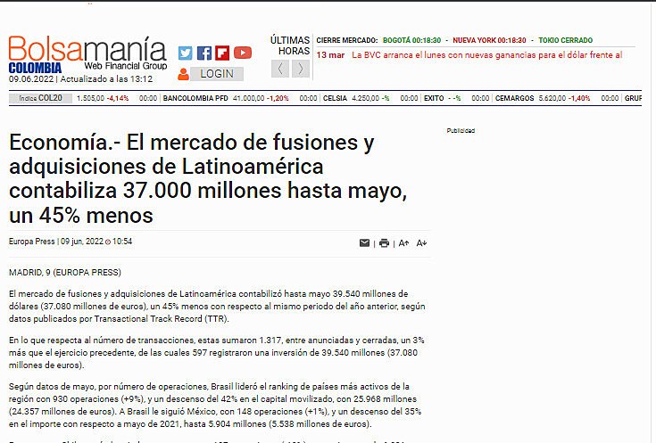 Economa.- El mercado de fusiones y adquisiciones de Latinoamrica contabiliza 37.000 millones hasta mayo, un 45% menos